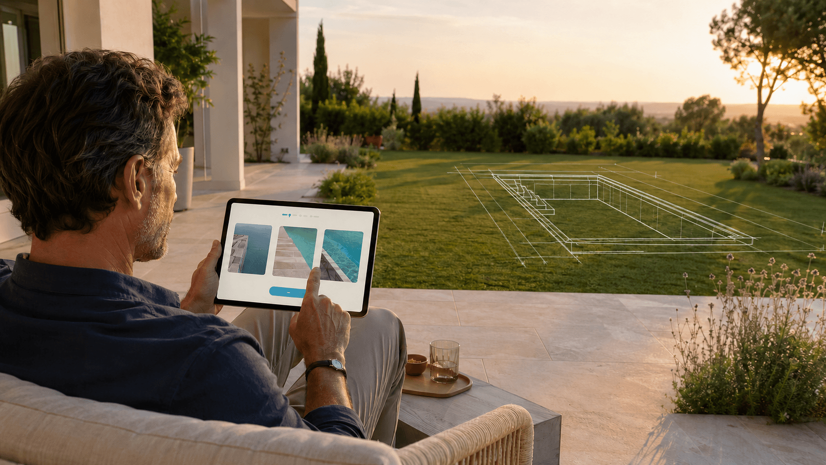 Una persona utilizza AQUAPAD su un tablet mentre il disegno della piscina prende forma nel giardino