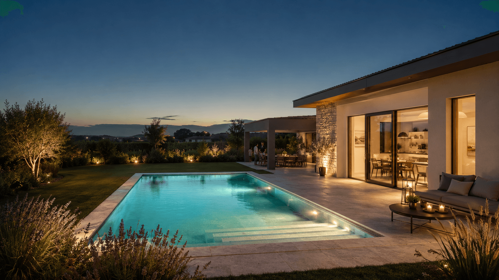 Una piscina illuminata inserita in un giardino al calare della sera